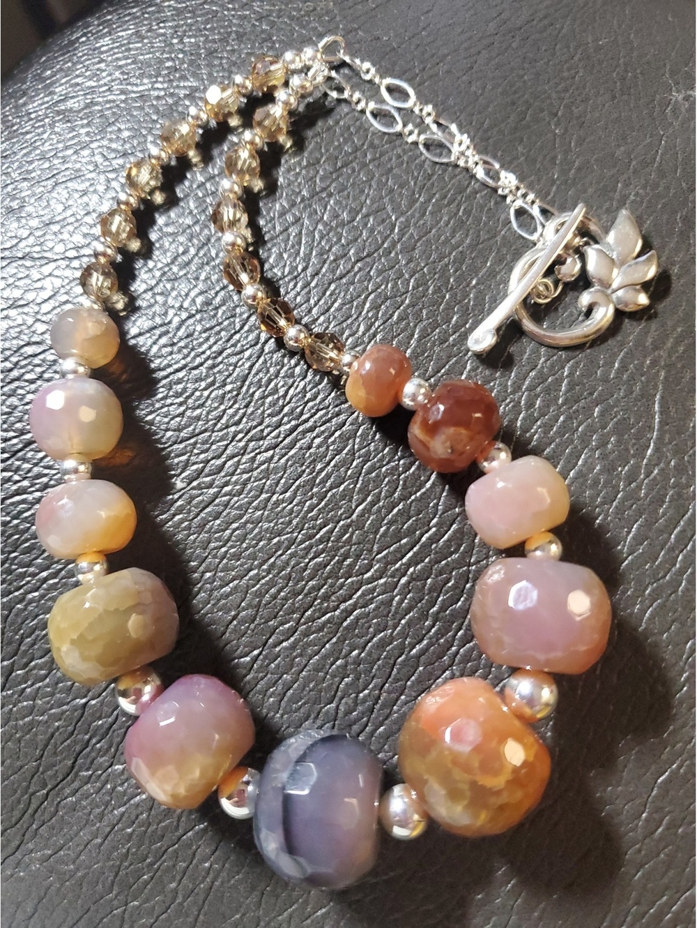 Chunky Multicolor Agate Necklace Swarovski Crystal Sterling Silver 20 in